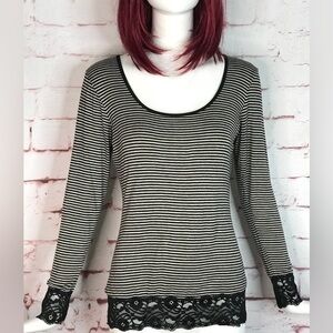MAX STUDIO Black + Grey Stripe Black Lace Cuff + Hem long sleeve knit top SMALL